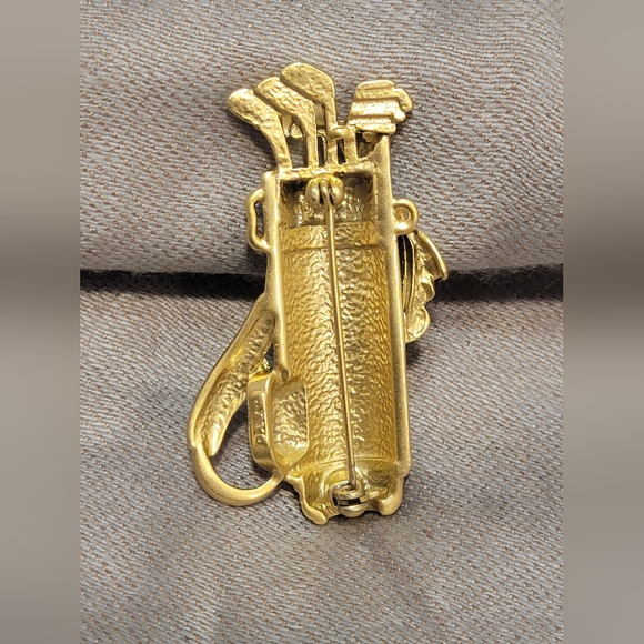 Vintage Goldtone Rhinestone Black Golf Bag Clubs Pin Brooch, Marked AJC - Picture 2 of 7